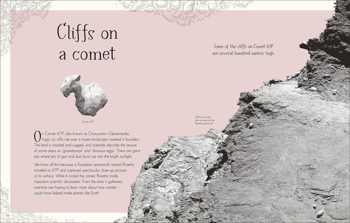 Alt text: Detailed close-up image of cliffs on a comet from the book Mysteries of the Universe showing rocky terrain and scientific explanations.