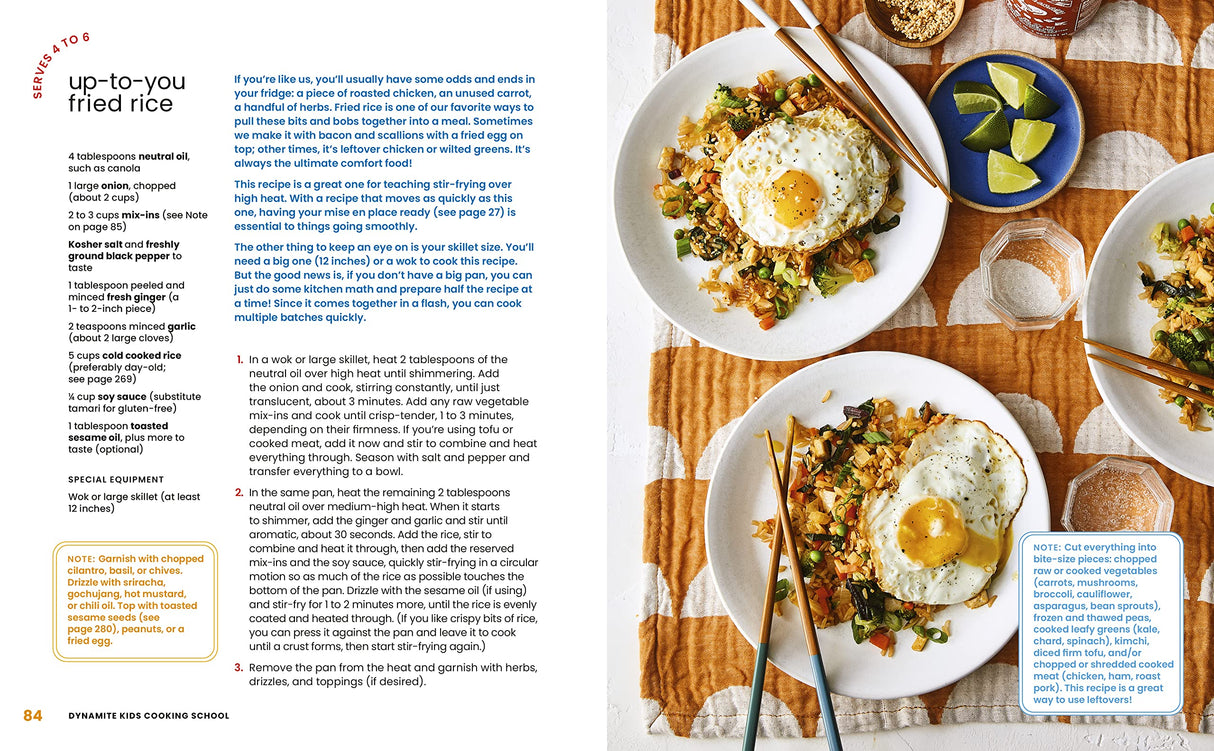 Dynamite Kids Cooking School cookbook page showing an up-to-you fried rice recipe with images of the dish and ingredients.
