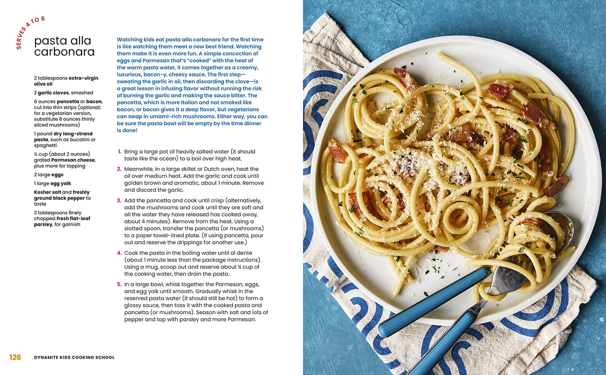 Dynamite Kids Cooking School cookbook showing pasta alla carbonara recipe with a plated bowl of spaghetti carbonara.