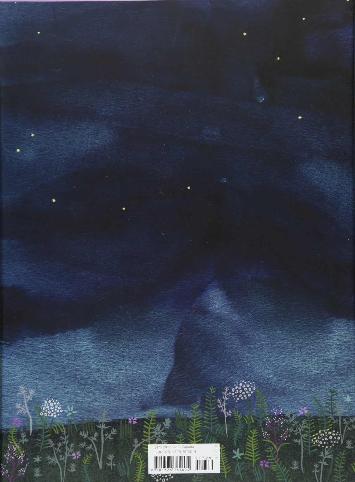 Back cover of Moon showing a dark night sky with stars above wildflowers and grass in a peaceful forest scene.