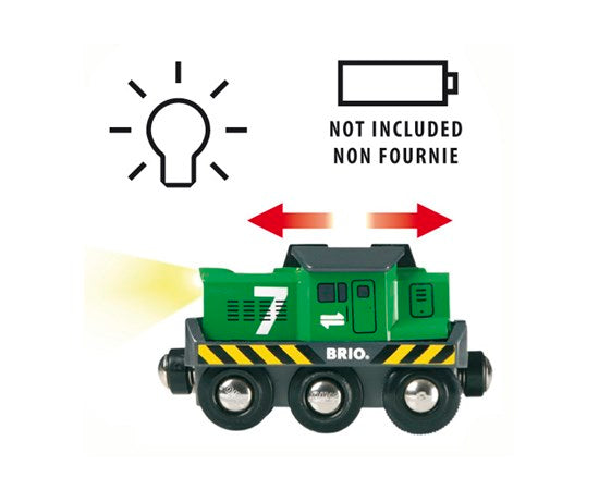 Battery-Powered Freight Engine with headlights, forward and reverse controls, compatible with BRIO train tracks, battery not included.
