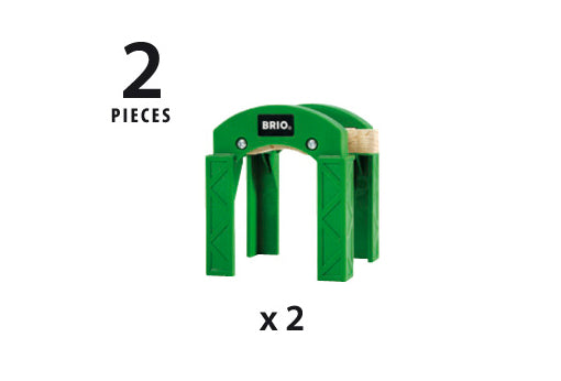 Stacking Supports two green BRIO bridge piers for building elevated railway tracks and tunnels for ages 3 and up.