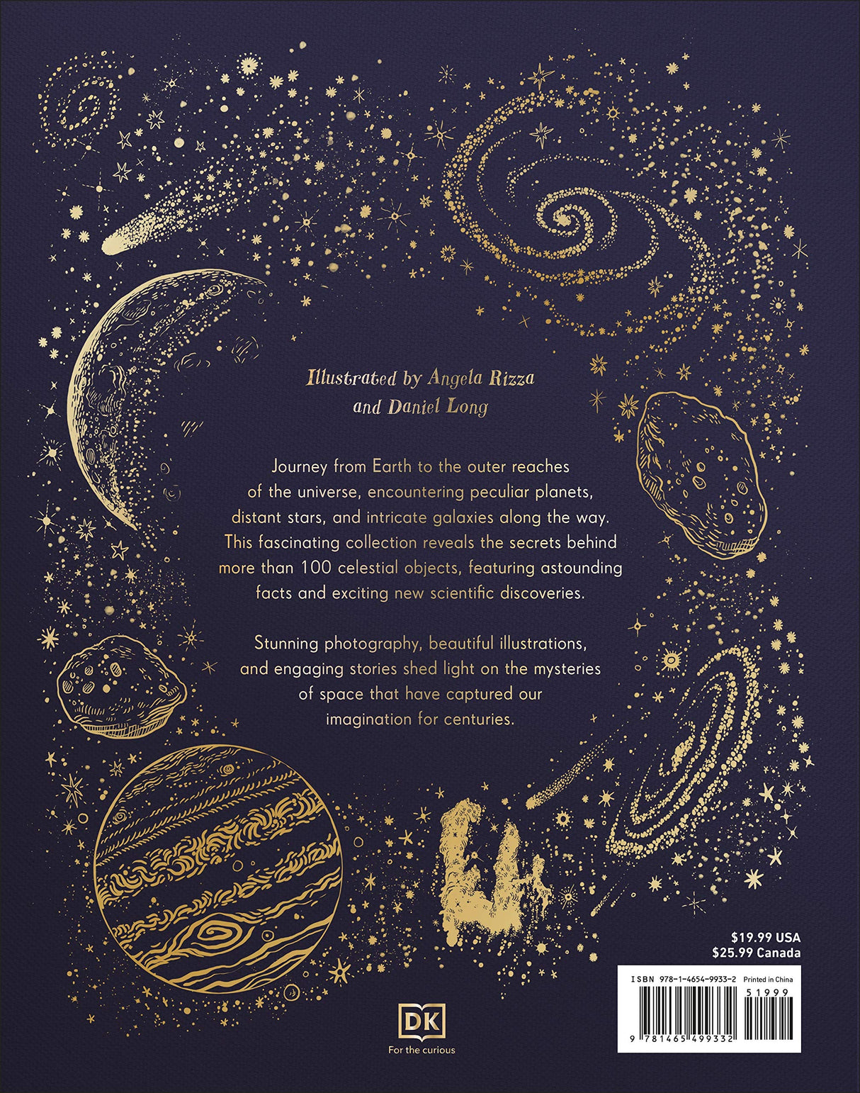 Back cover of Mysteries of the Universe book showing illustrated celestial objects and galaxies on dark background.