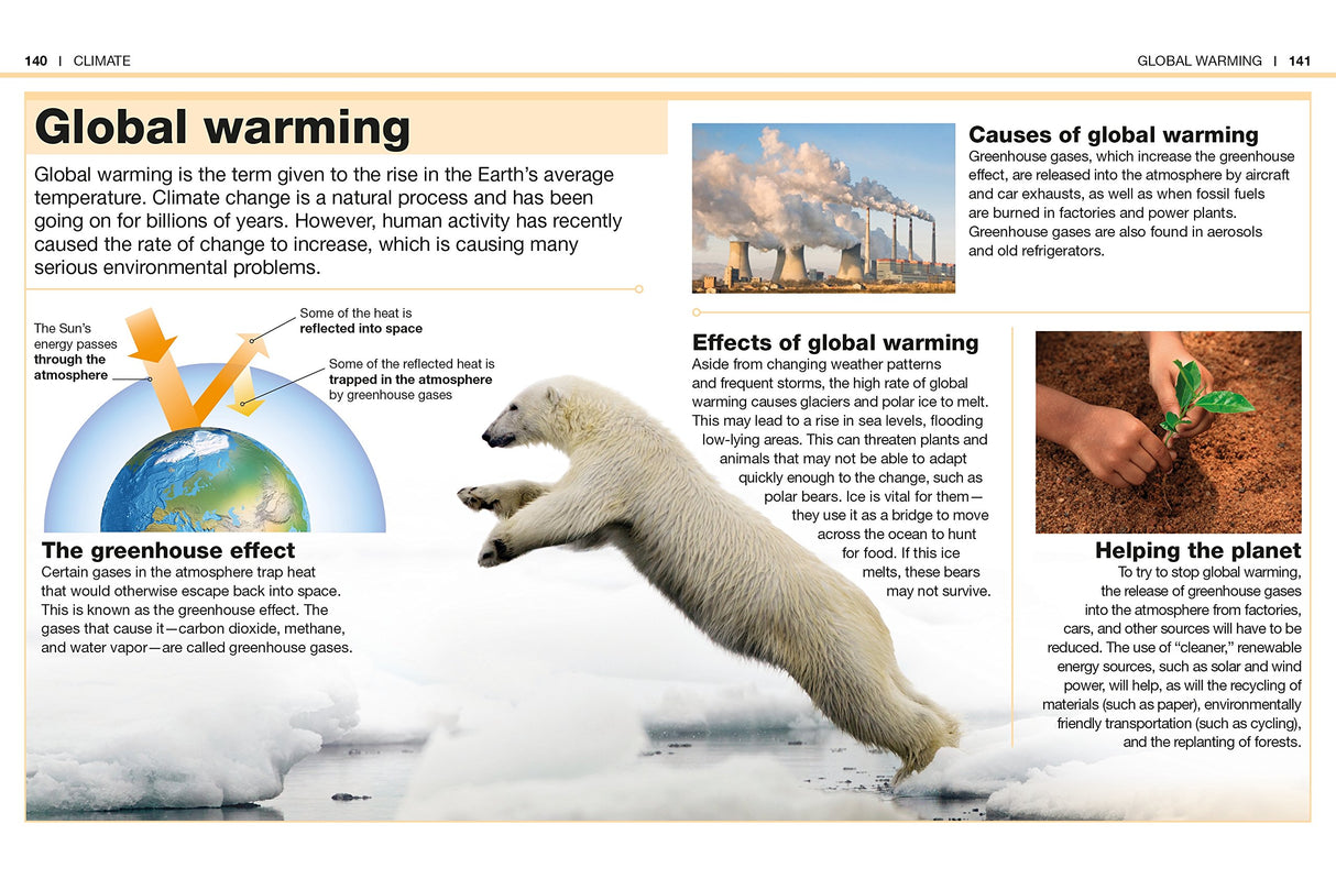Pocket Genius Earth showing global warming effects with polar bear, greenhouse gases, and climate change explanations.