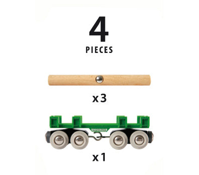 Lumber Loading Car with three wooden logs and one green eight-wheeled wagon for safe lumber transport.