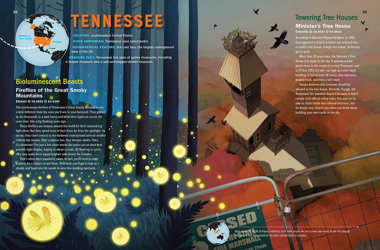 Atlas Obscura Explorer's Guide for the World's Most Adventurous Kid open to Tennessee page with glowing bioluminescent fireflies illustration.