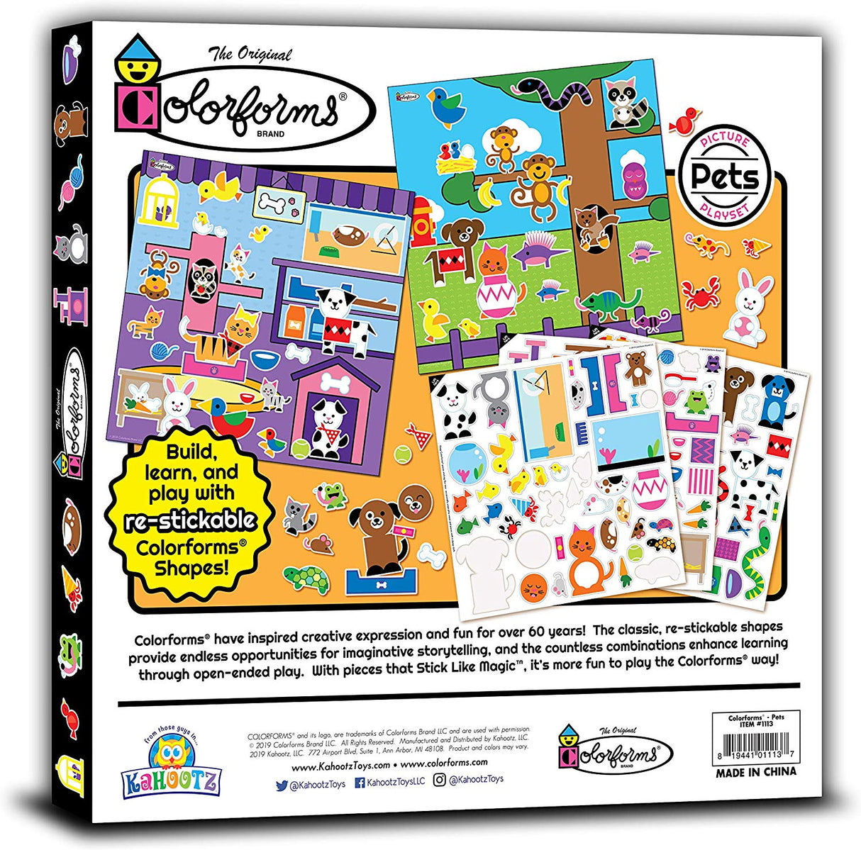 Colorforms Pets play set with 145 re-stickable pieces, 2 play scenes, idea guide, and storage box for kids ages 3+.