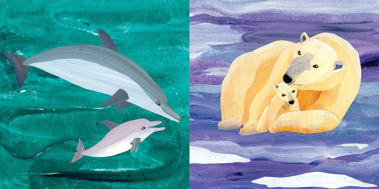 Indestructibles: Mama and Baby shows a painted dolphin and calf on left, polar bear and cub on right in water-themed backgrounds.