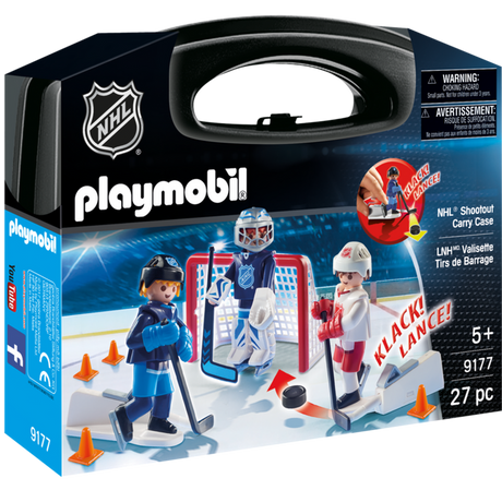 NHL Shootout Carry Case with two players, goalie, net, puck, and accessories for imaginative hockey play.