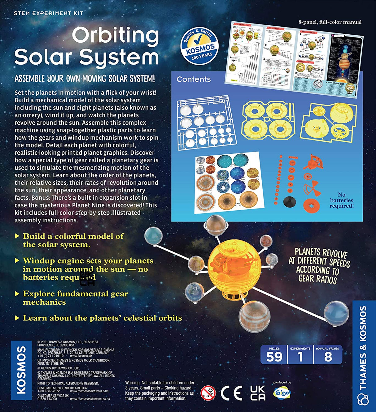 Orbiting Solar System mechanical model kit with colorful planets, wind-up engine, and step-by-step assembly instructions.