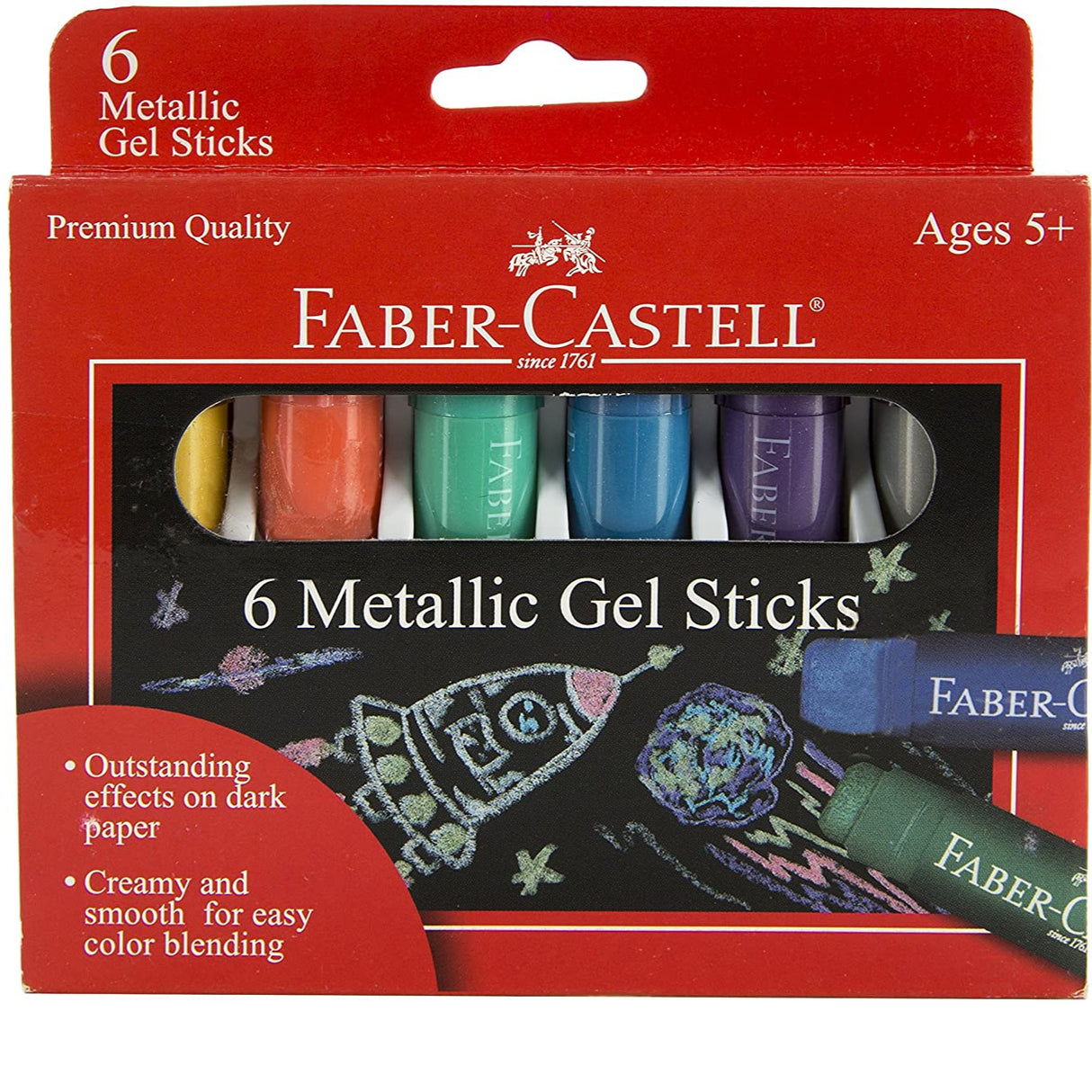 6 Metallic Gel Sticks in vibrant colors with smooth, creamy texture for blending and effects on dark paper by Faber-Castell.