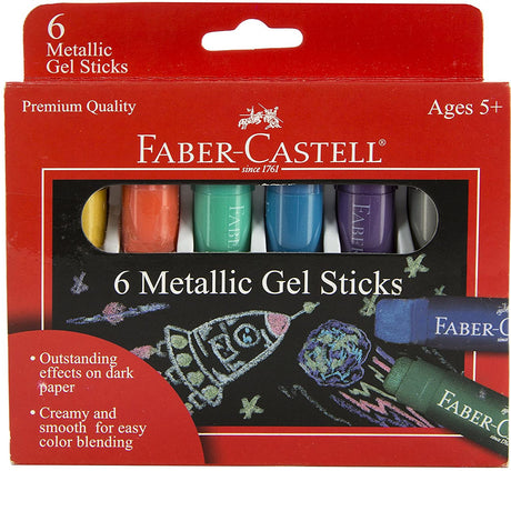 6 Metallic Gel Sticks in vibrant colors with smooth, creamy texture for blending and effects on dark paper by Faber-Castell.