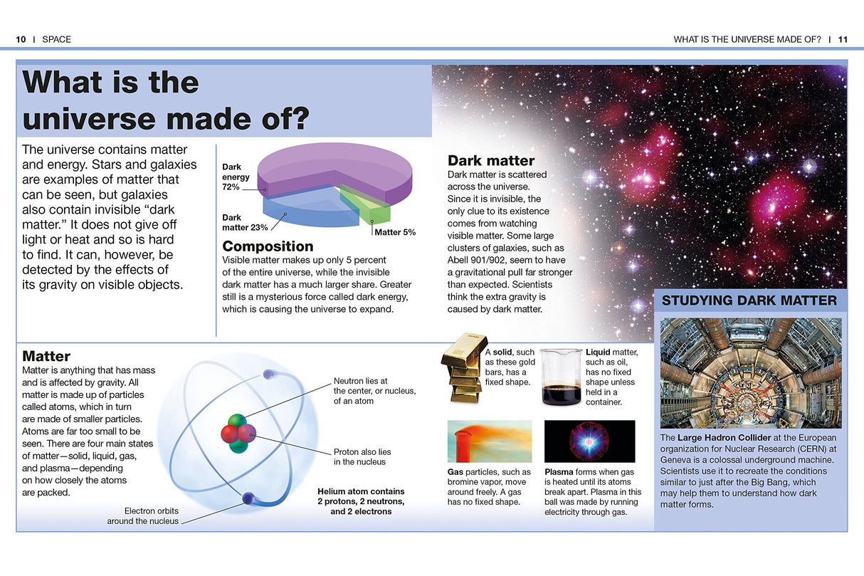 Pocket Genius Space showing educational content on the universe's composition, matter, and dark matter concepts.
