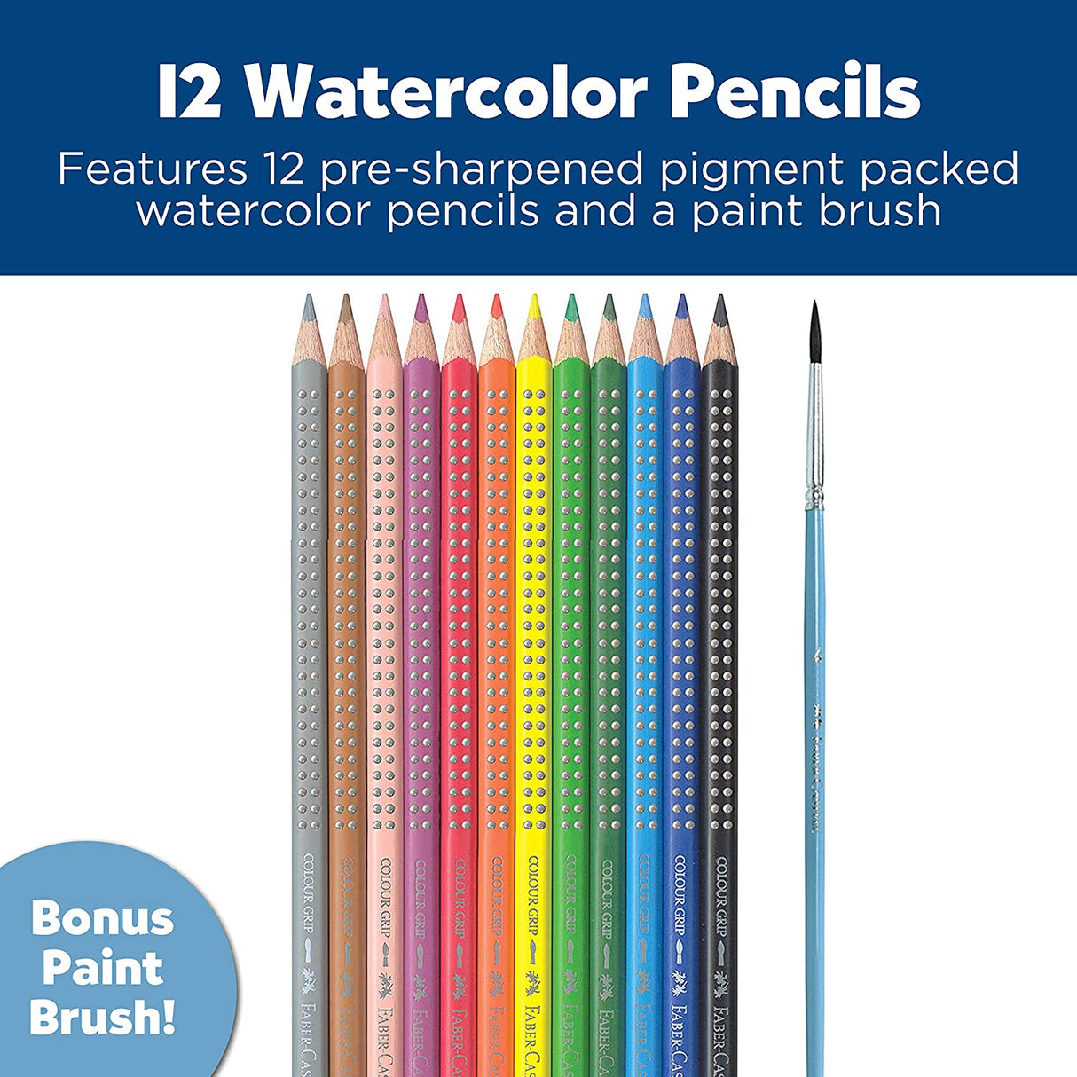 Watercolor Colored Pencils set with 12 vibrant pre-sharpened pencils and a bonus paintbrush for watercolor effects.