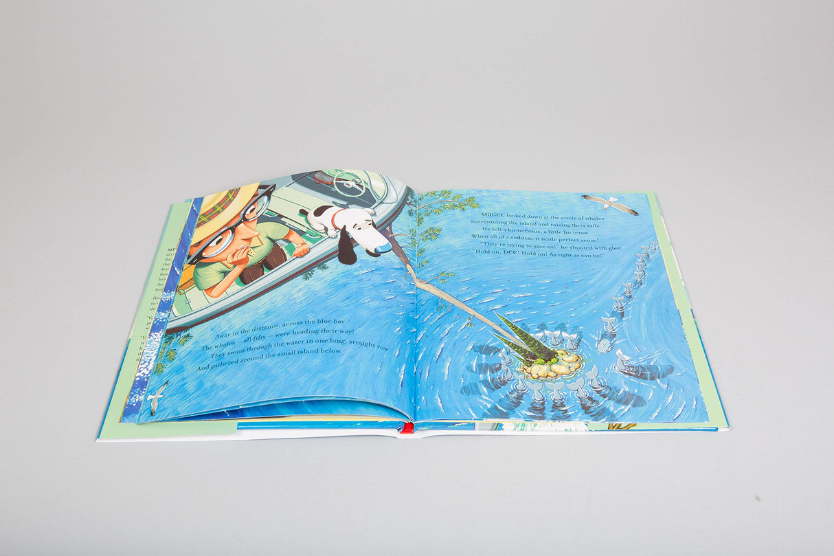 Open illustrated children’s book page from Down to the Sea With Mr Magee showing Mr. Magee and dog Dee in a boat near the sea.