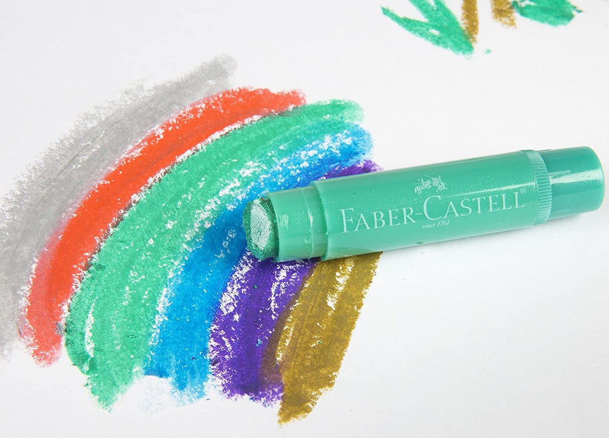 Metallic Gel Sticks showing vibrant colorful strokes on white paper with smooth, bright, blendable gel crayon effects.
