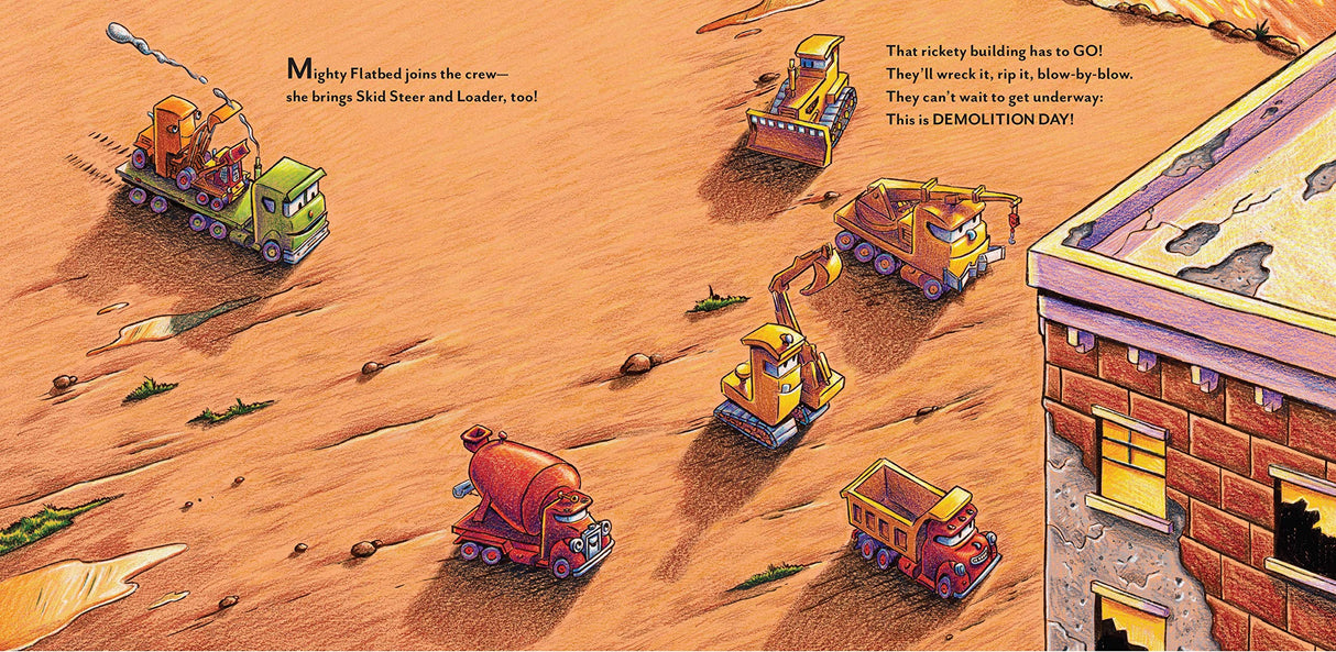 Construction Site Mission Demolition shows colorful vehicles working together to clear and demolish a construction site.