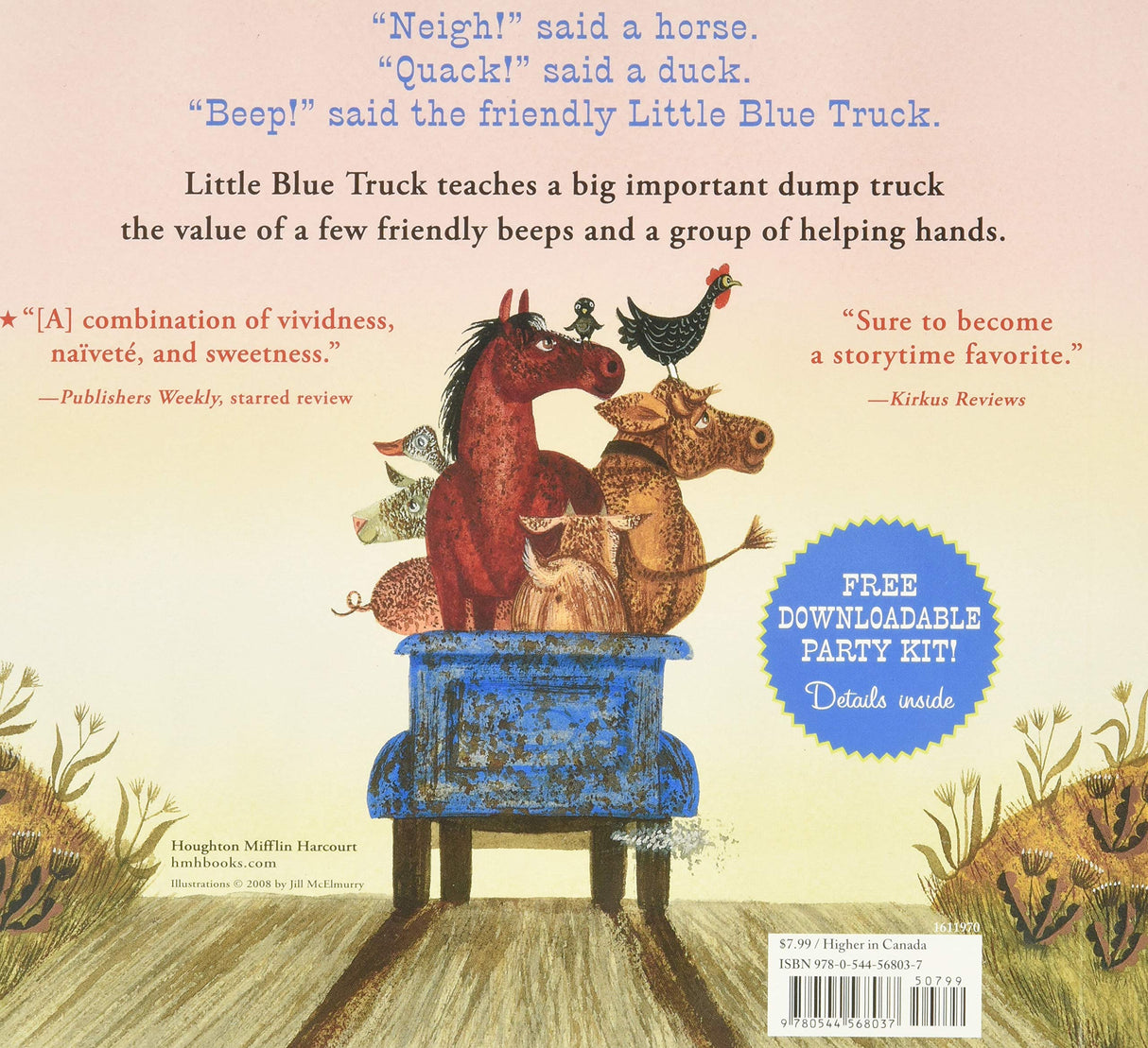 Back cover of Little Blue Truck showing farm animals in a blue truck on a muddy road with text and reviews.