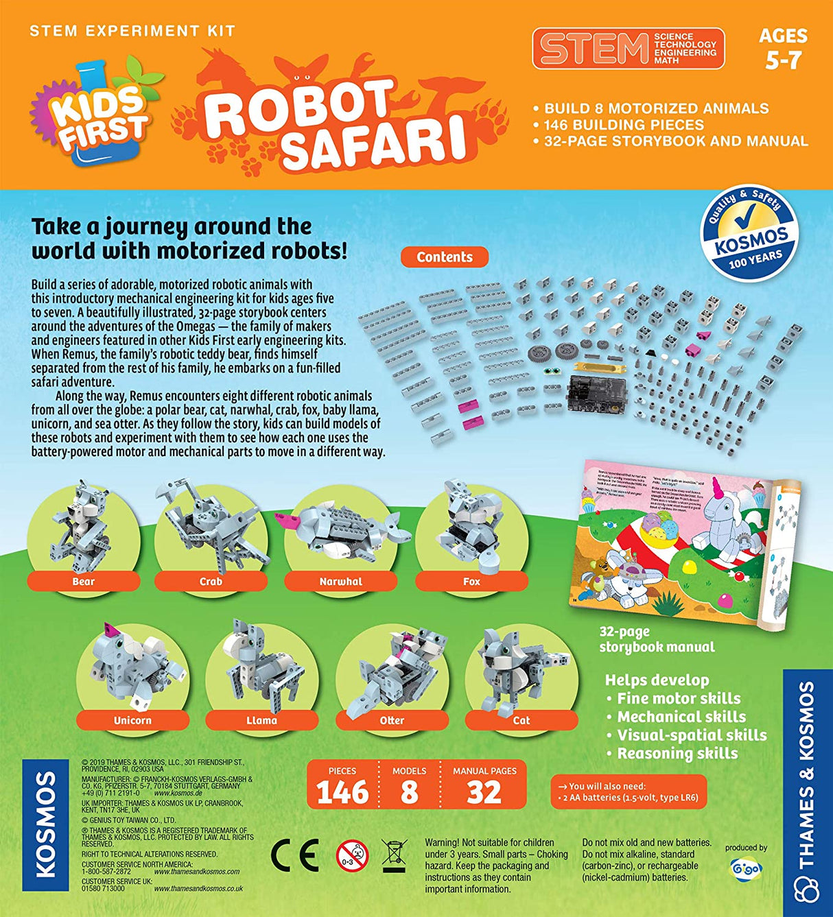 Robot Safari STEM kit for kids builds 8 motorized animal robots with storybook and easy-to-assemble parts ages 5-7.