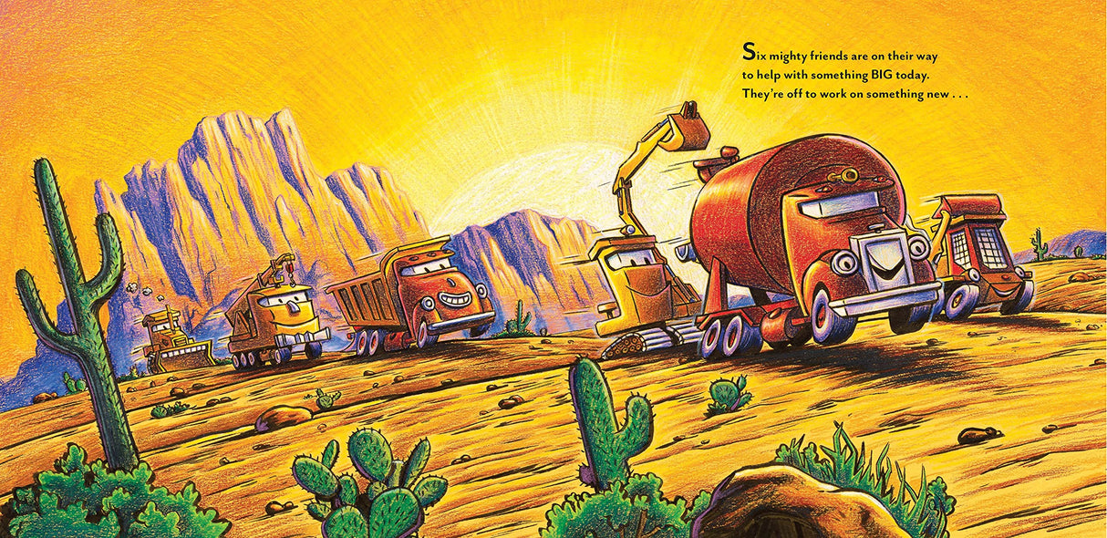 Construction Site: Road Crew Coming Through! shows animated construction vehicles working on a desert road at sunset.
