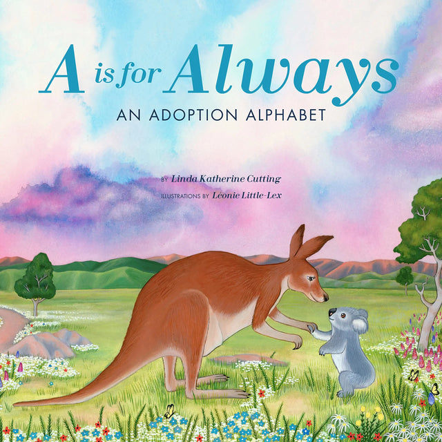 Cover of A is for Always An Adoption Alphabet featuring a kangaroo and koala in a colorful field illustration.