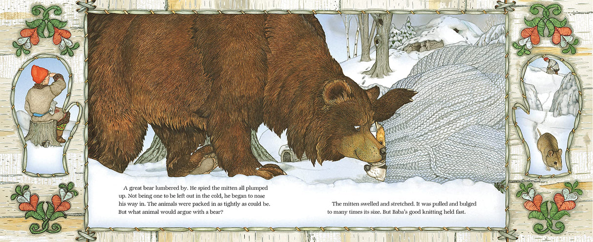 The Mitten shows a large brown bear and woodland animals exploring a snowy forest scene with detailed illustrations.