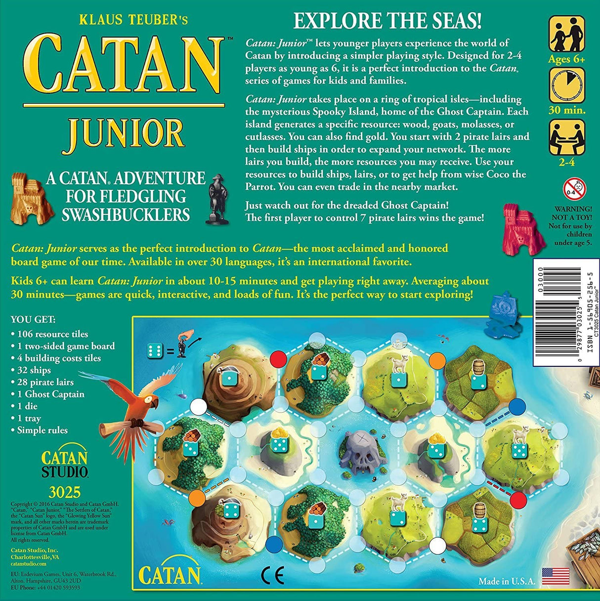 Catan Junior board game box showing pirate islands, resources, and game components for kids aged 5 and up.