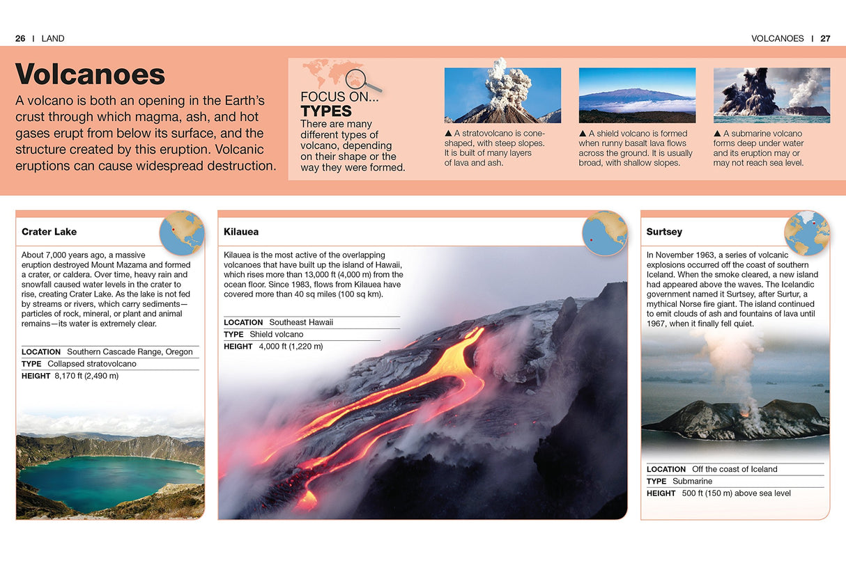 Pocket Genius Earth showing detailed volcano types, eruptions, and key geological features with vivid imagery and facts.