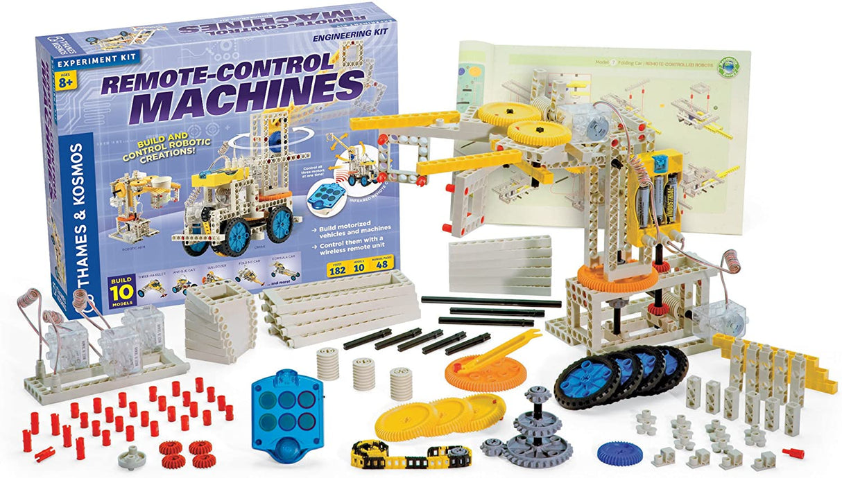 Remote Control Machines kit with motors, remote, building pieces, and instruction book for building motorized vehicles and machines.