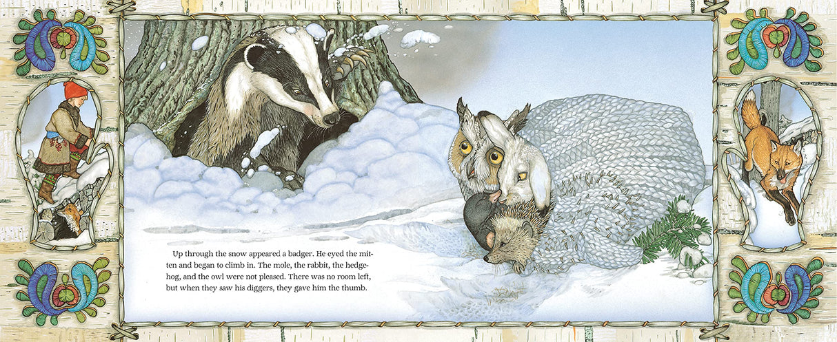 The Mitten book illustration showing a badger and owl in snow with decorative Ukrainian-style borders.