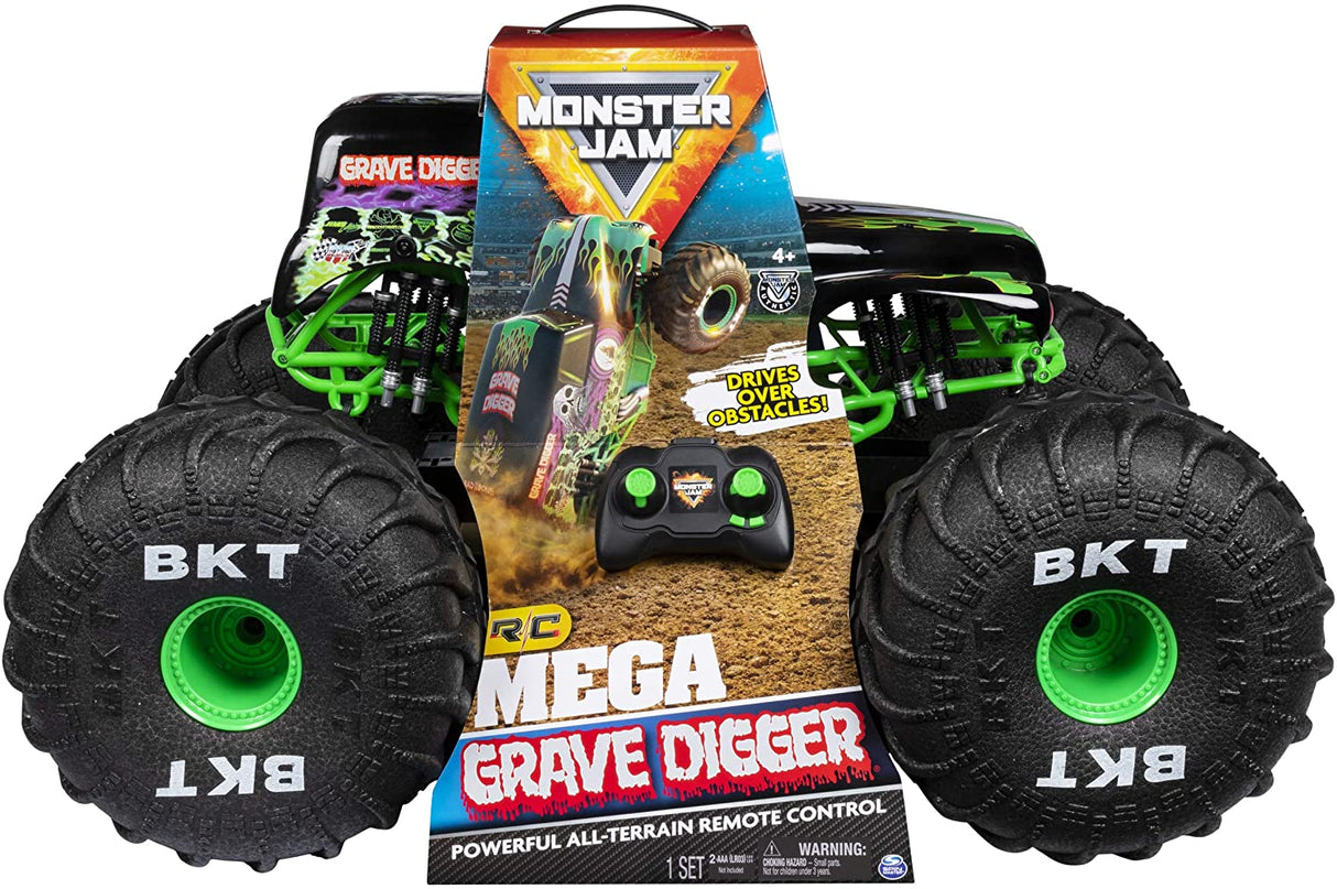 HUGE RC Grave Digger with oversized BKT tires, dual joystick controller, and authentic Monster Jam graphics.