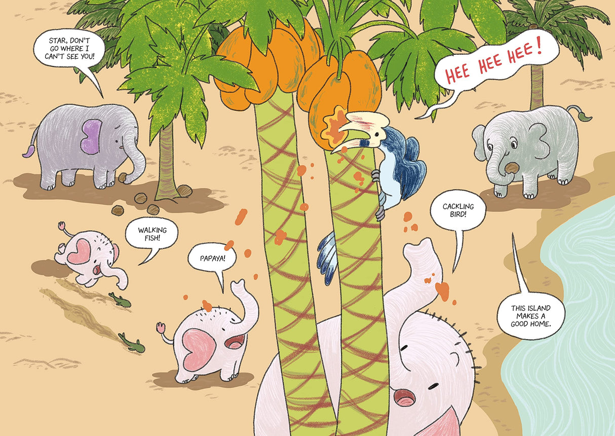 Illustration from Surviving the Wild: Star the Elephant showing playful elephants on a tropical island near the ocean.