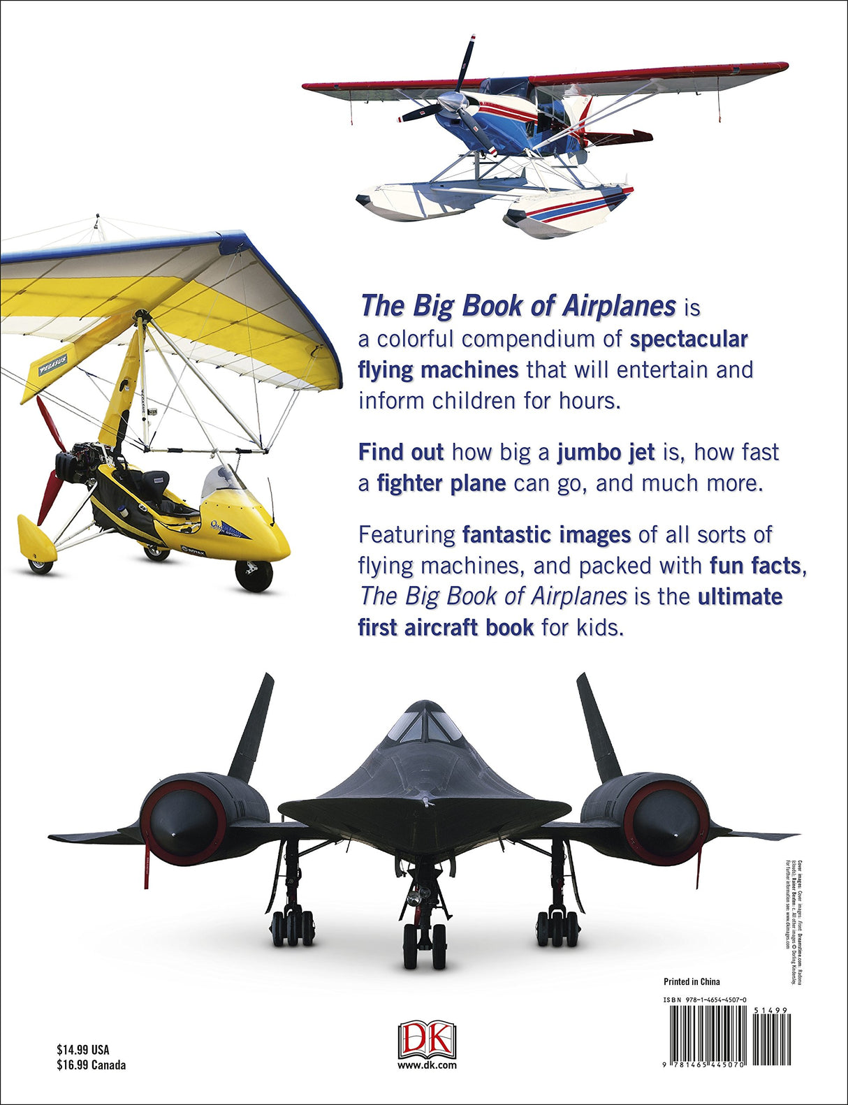 Back cover of Big Book of Airplanes showing colorful ultralight, seaplane, and black fighter jet aircraft images.