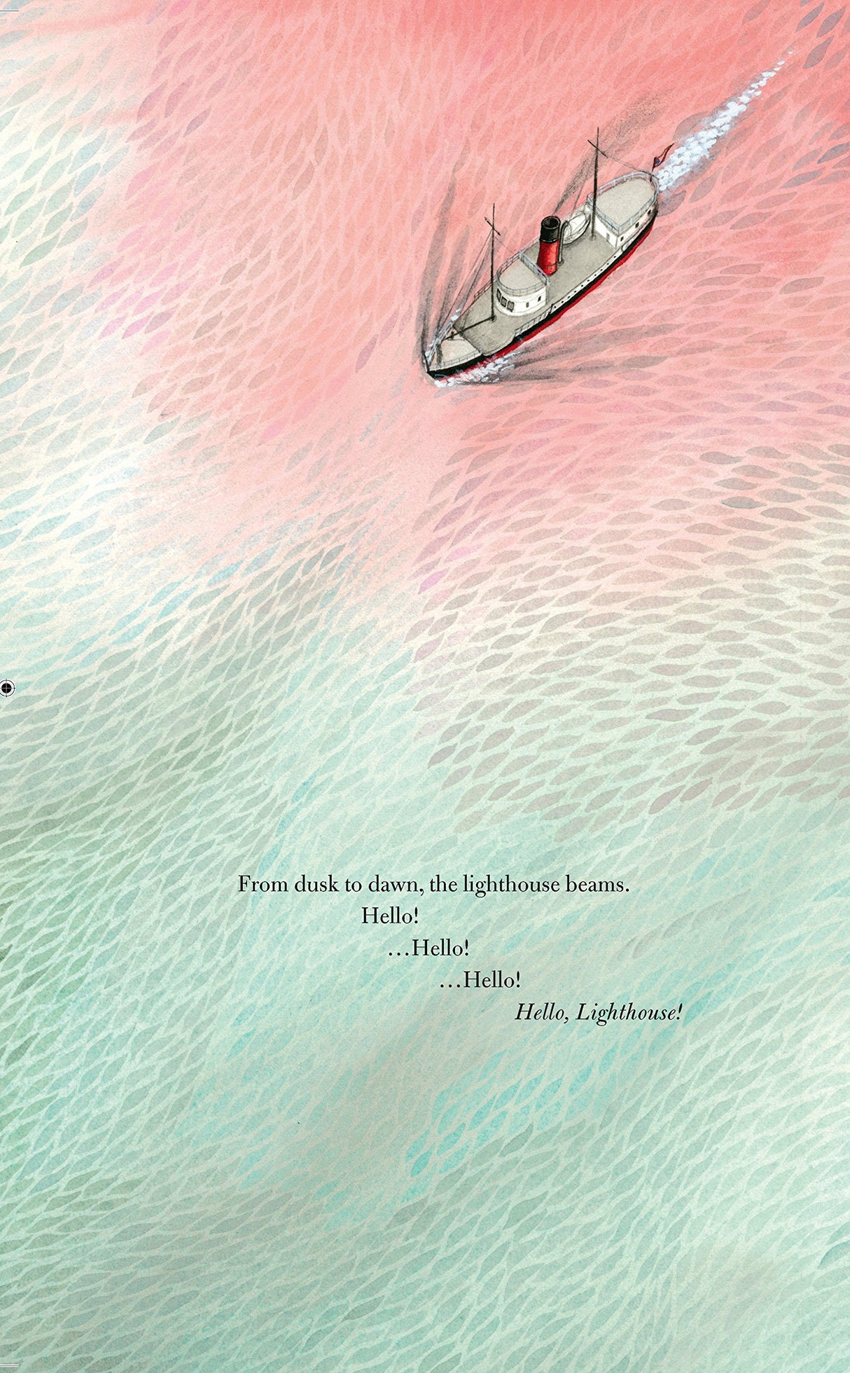 Illustration from Hello Lighthouse showing a ship sailing through colorful, textured waters with gentle waves.