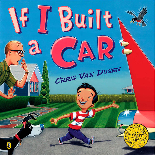 If I Built a Car book cover showing a boy, man, dog, and a large red car fin on a suburban street.