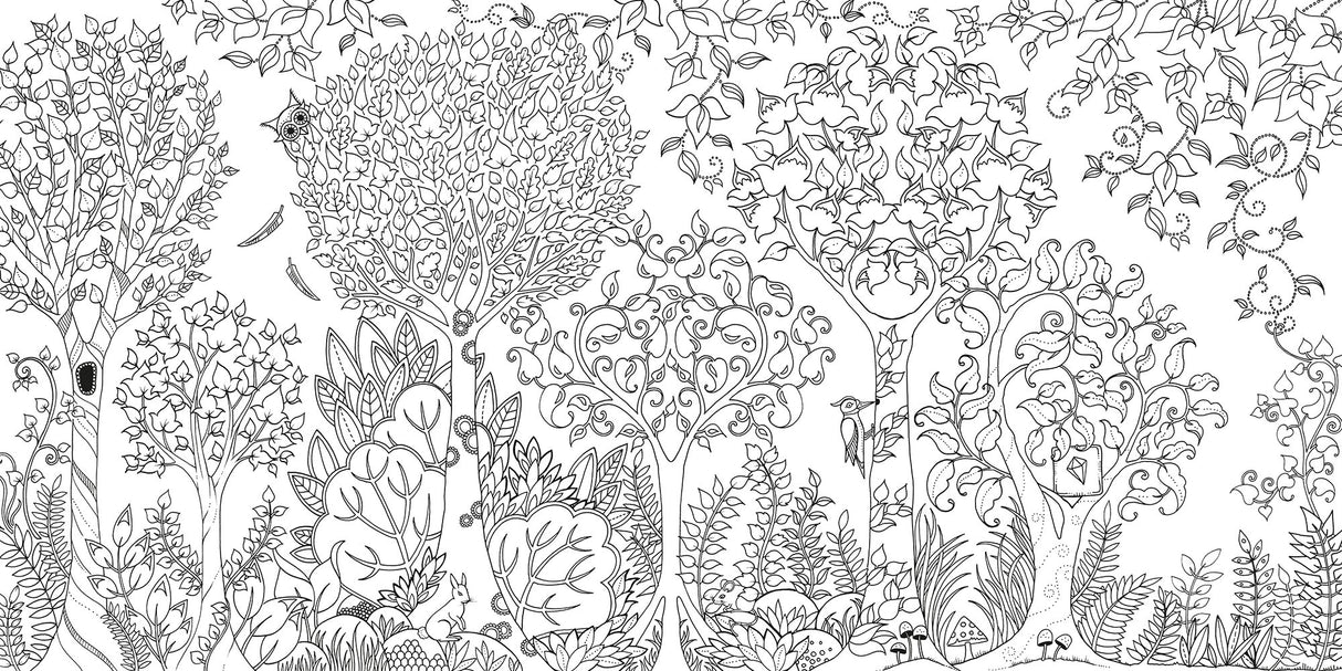 Intricate forest scene with detailed trees and plants from the Enchanted Forest Coloring Book by Johanna Basford.