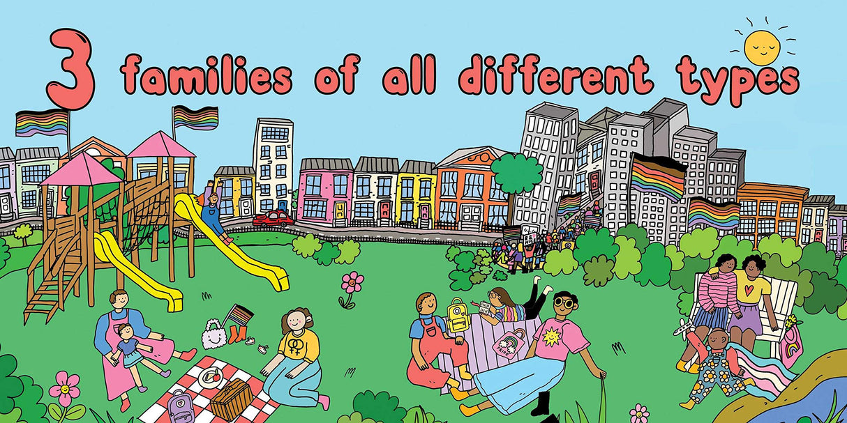 Pride 123 showing a colorful park scene with diverse families enjoying a sunny day celebrating pride and inclusivity.