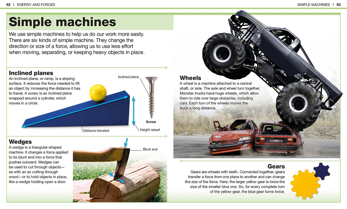 Pocket Genius Science showing simple machines with illustrations of inclined planes, wedges, wheels, and gears explanations.