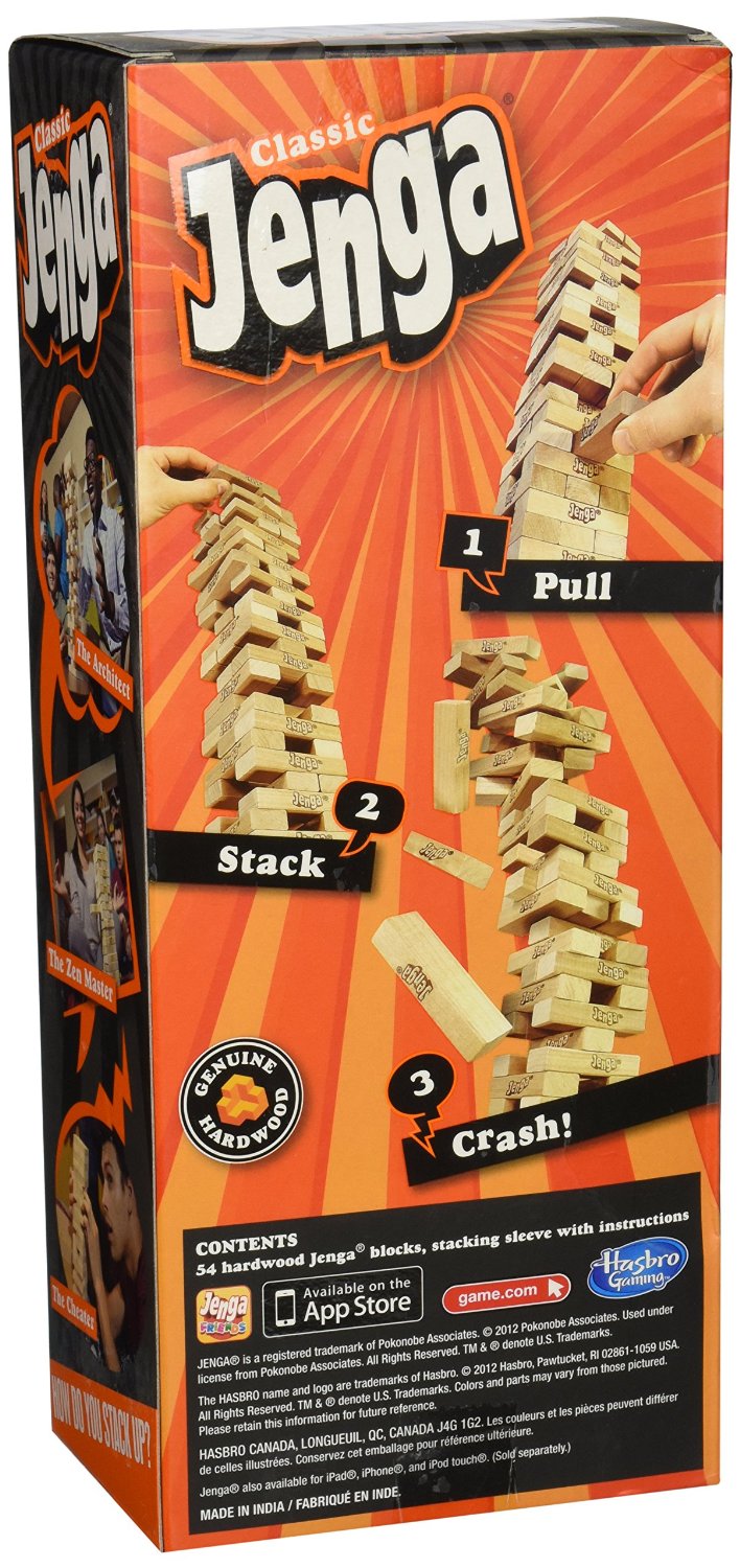 Classic Jenga game box showing hardwood blocks and gameplay steps to pull, stack, and crash the tower.