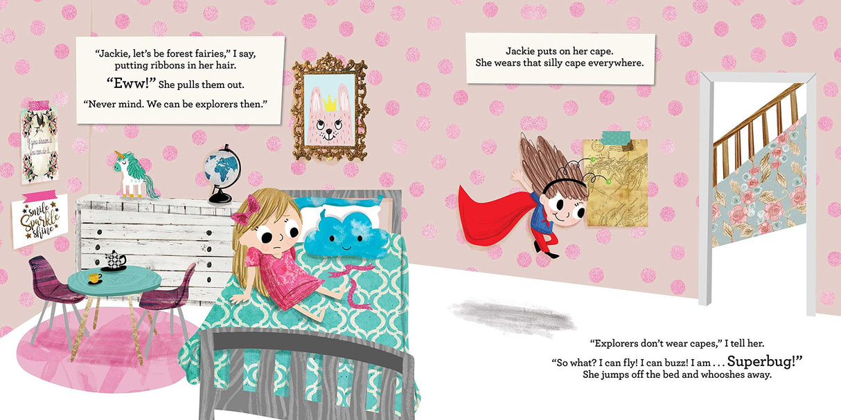 Illustration from Jack, Not Jackie showing a child superhero flying with a cape in a pink polka dot room.