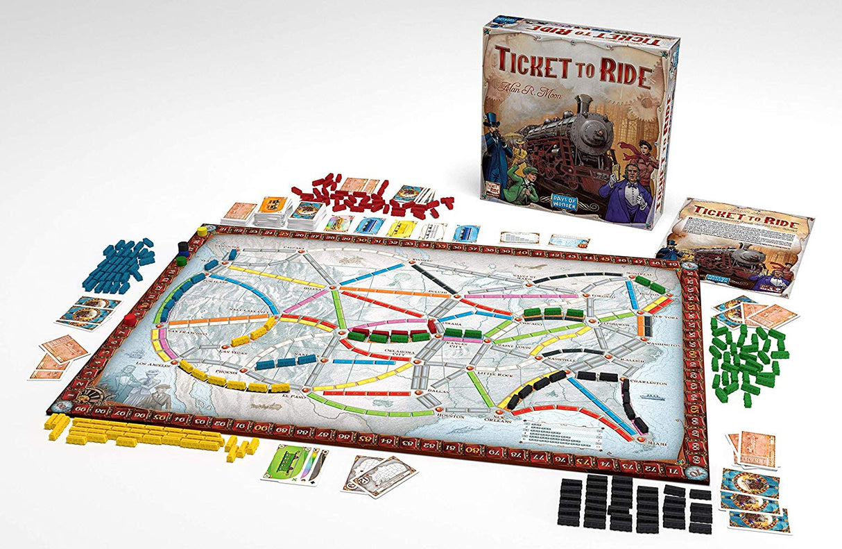 Ticket to Ride board game with colorful train routes, cards, and pieces for a fun cross-country train adventure.