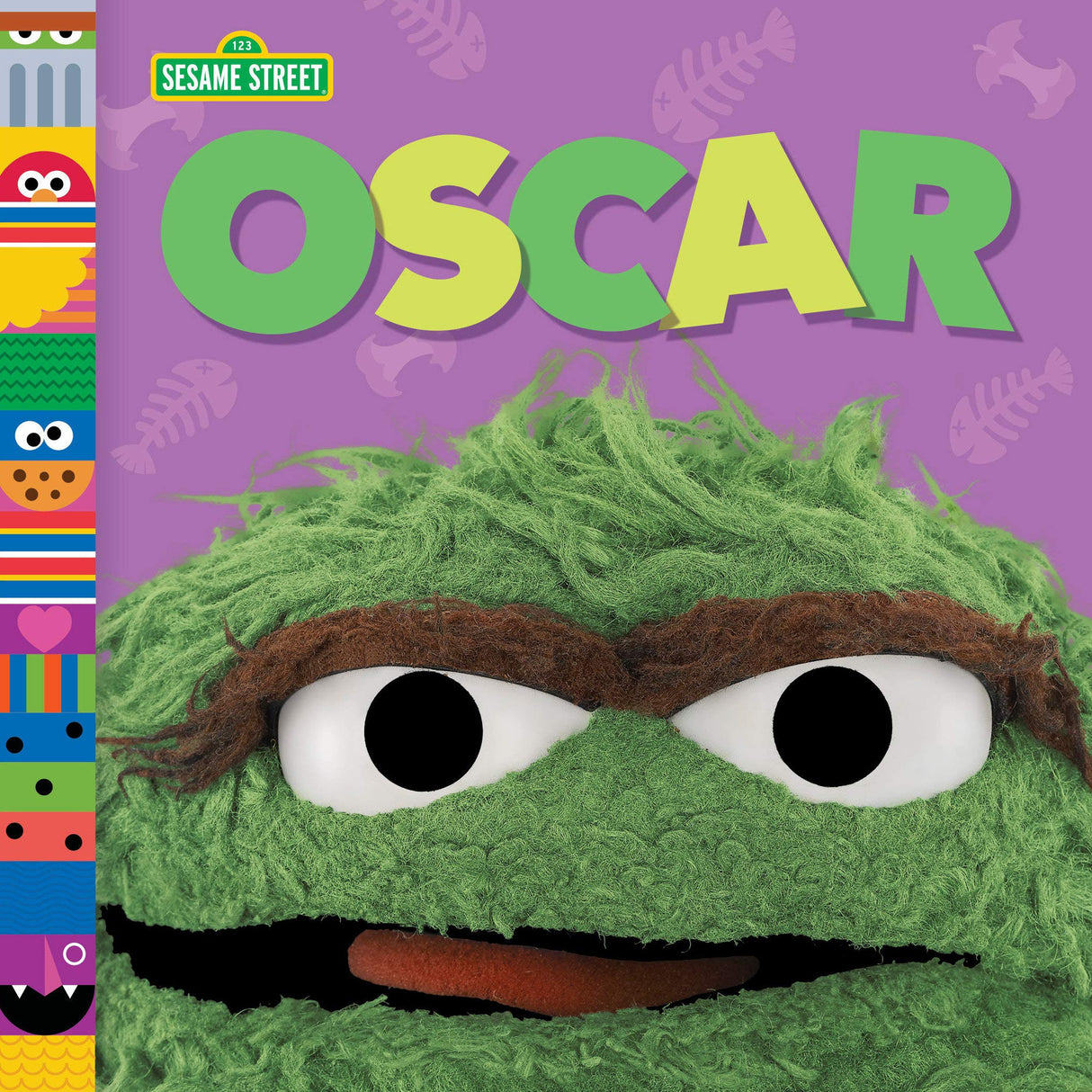 Sesame St Friends: Oscar board book cover featuring Oscar the Grouch with a purple background and colorful side panel.