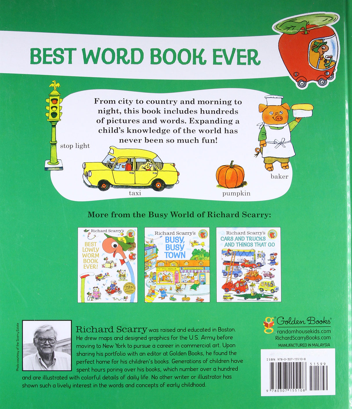 Richard Scarry's Best Word Book Ever back cover showing colorful vocabulary illustrations including taxi, stop light, pumpkin, and baker