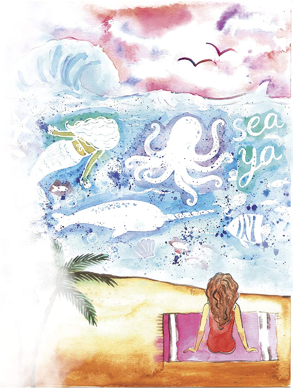 Watercolor Wonders shows a beach scene with hidden sea creatures and a mermaid revealed in watercolor paint.