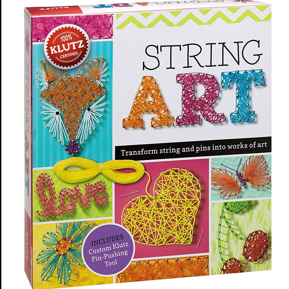 String Art kit with colorful string projects including heart, butterfly, flower, and custom pin-pushing tool for creative crafts.