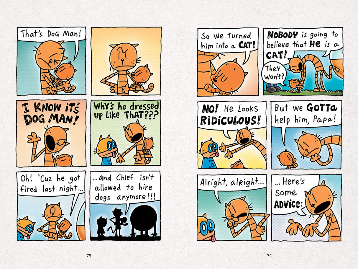 Comic pages from Dog Man #9: Grime and Punishment showing characters discussing Dog Man turned into a cat.
