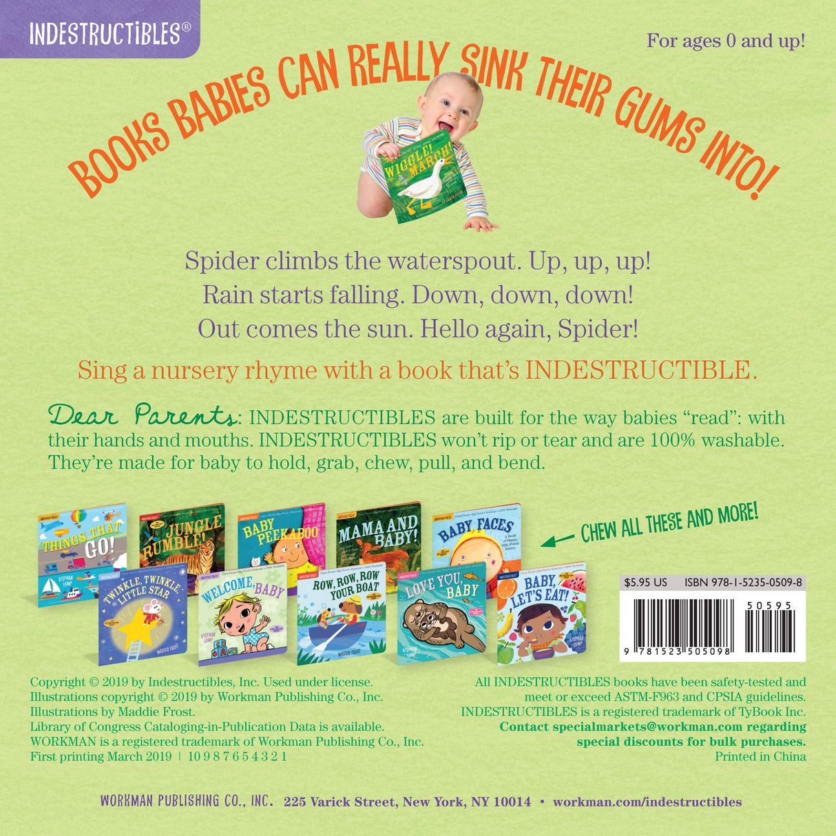 Indestructibles: Itsy Bitsy Spider book cover showing baby holding durable, chew-proof storybook for ages 0-2.