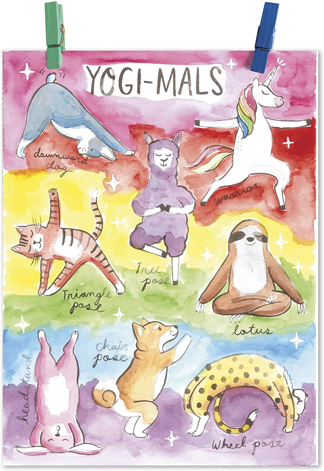 Watercolor Wonders features whimsical watercolor animals doing yoga poses on a colorful gradient background.