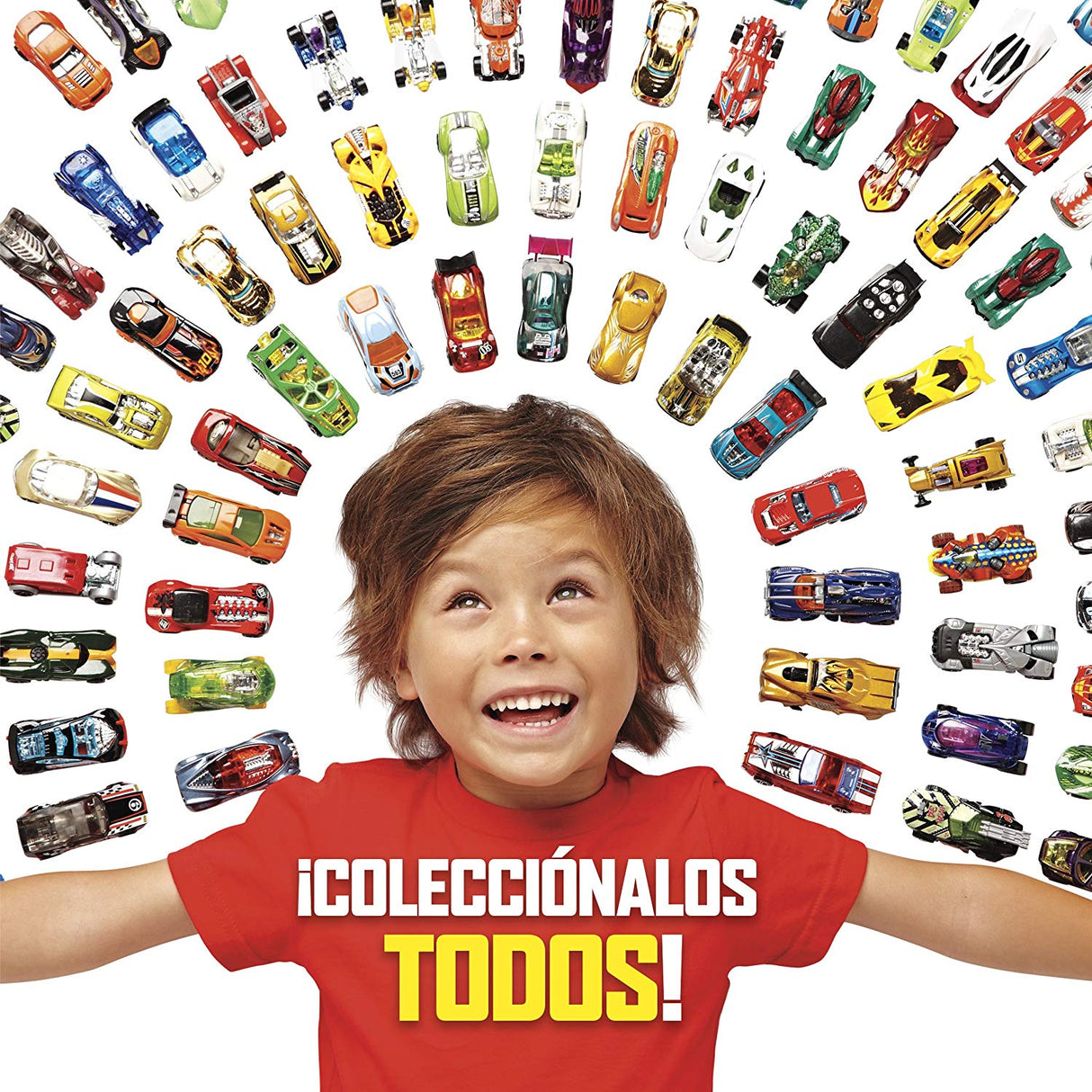 Hot Wheels 5pk featuring a joyful child surrounded by a variety of colorful die-cast toy cars in vibrant designs.