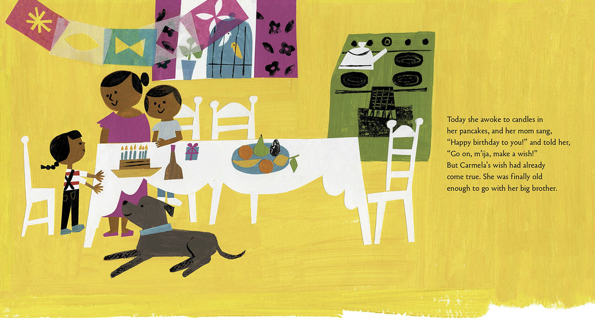 Carmela Full of Wishes shows Carmela with her family in a bright kitchen celebrating her birthday.